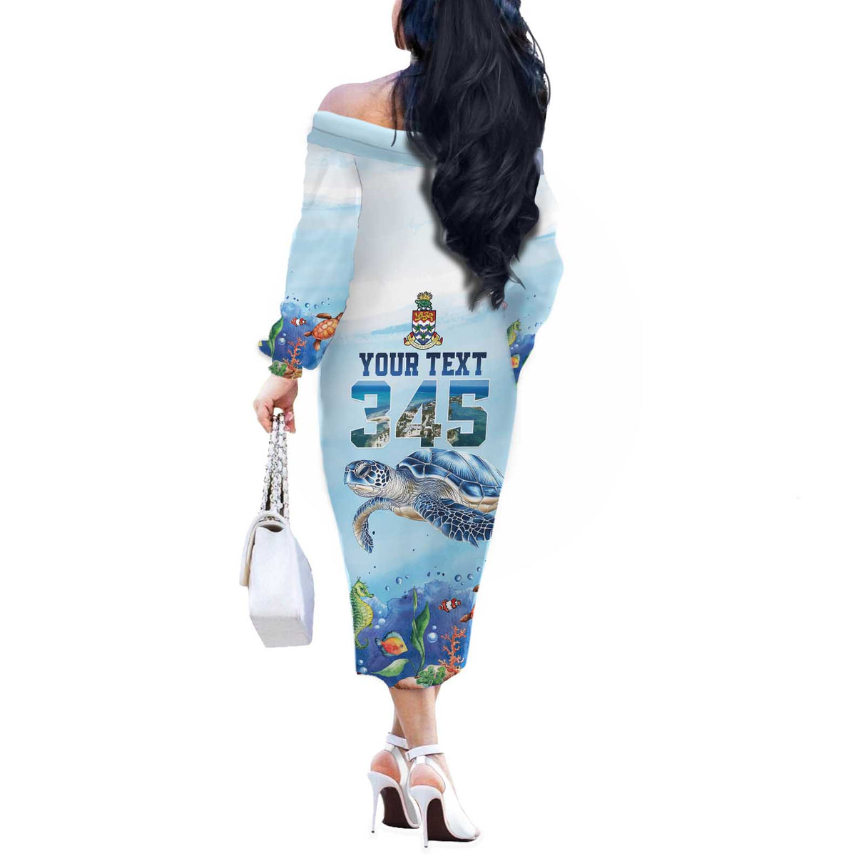 Personalized Cayman Islands 345 Off The Shoulder Long Sleeve Dress Watercolor Turtle - Wonder Print Shop
