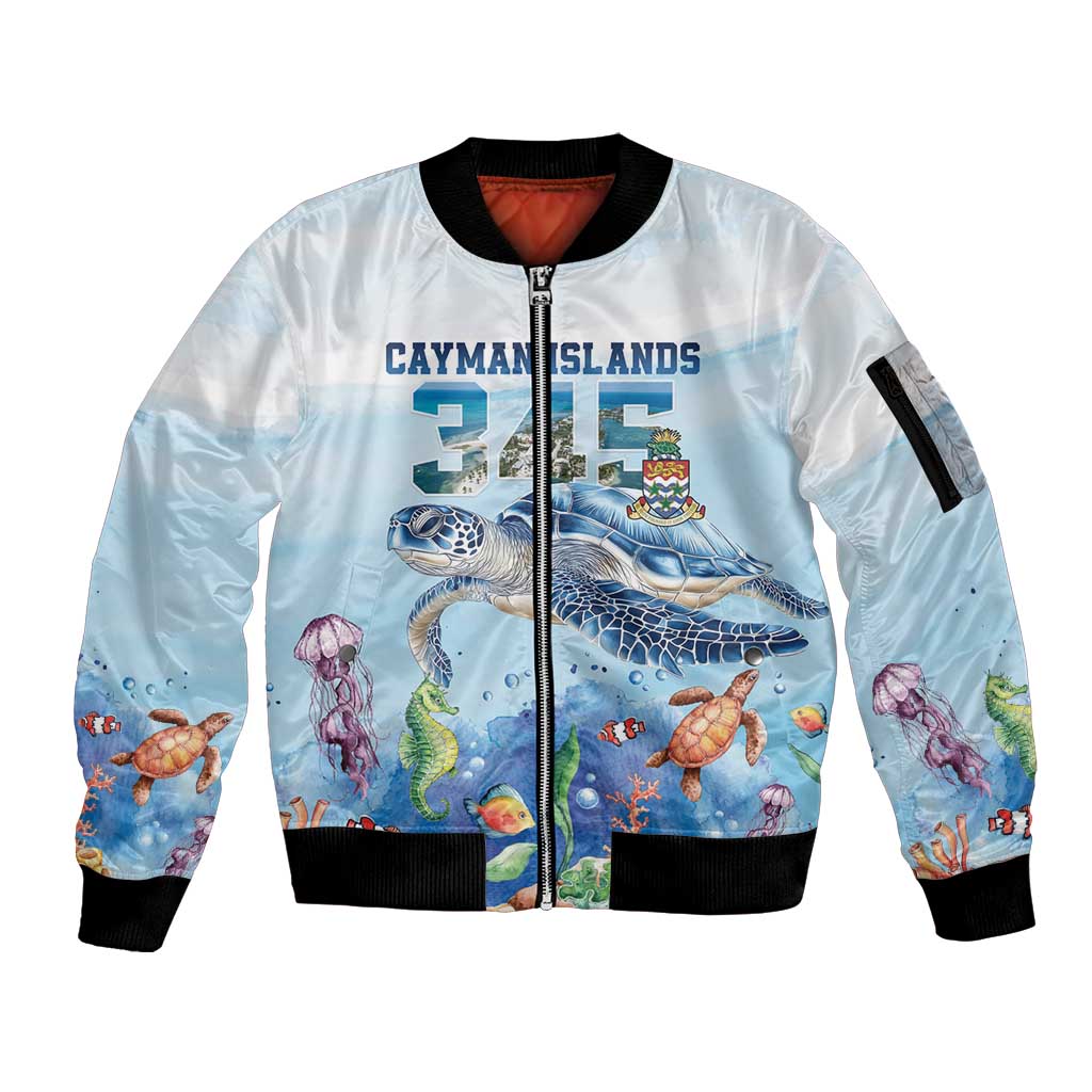Personalized Cayman Islands 345 Sleeve Zip Bomber Jacket Watercolor Turtle - Wonder Print Shop
