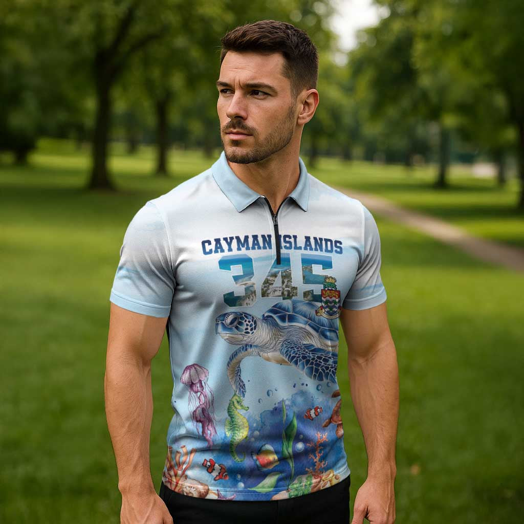 Personalized Cayman Islands 345 Zipper Polo Shirt Watercolor Turtle - Wonder Print Shop