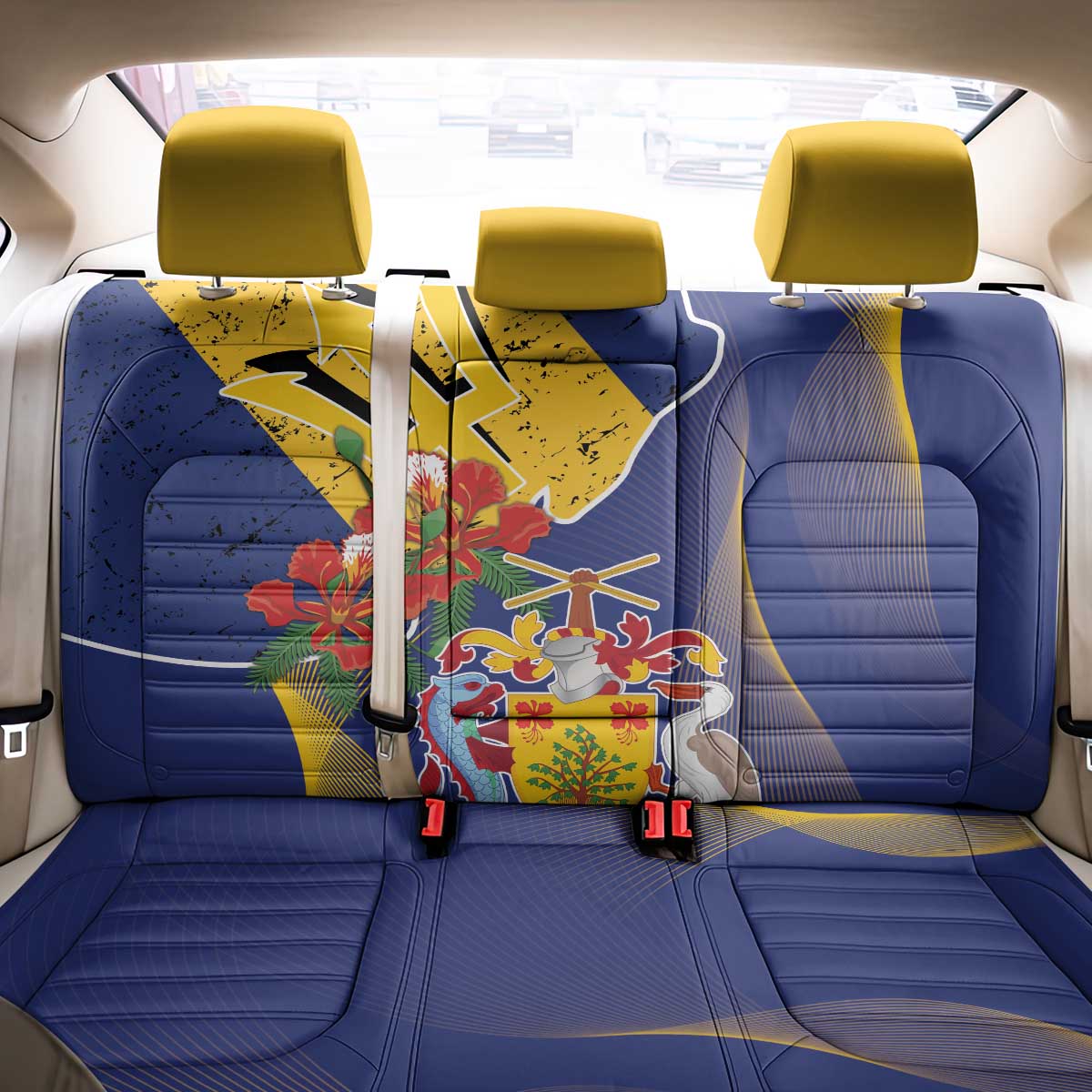 Barbados Coat Of Arms Back Car Seat Cover With Dwarf Poinciana Flowers - Wonder Print Shop