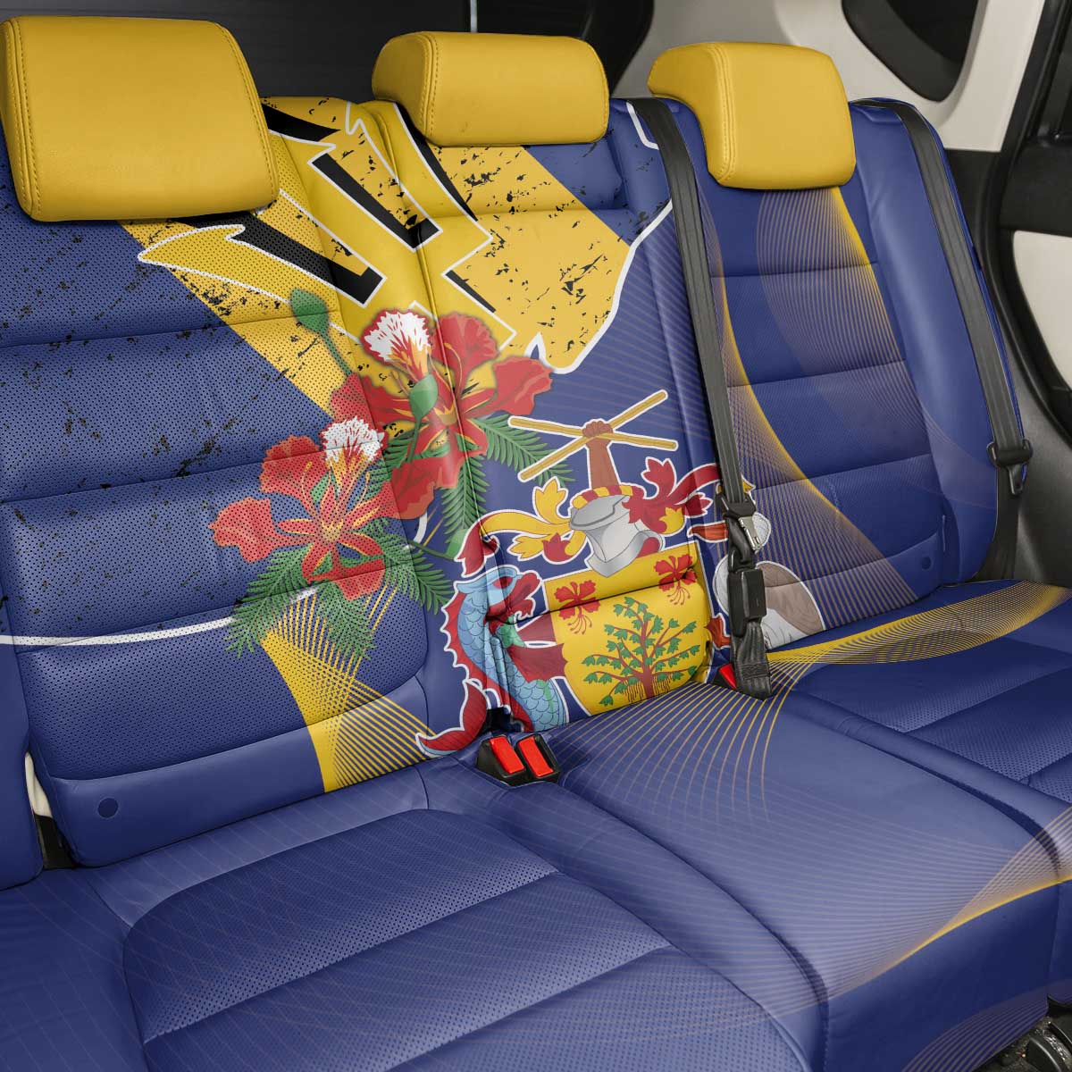 Barbados Coat Of Arms Back Car Seat Cover With Dwarf Poinciana Flowers - Wonder Print Shop