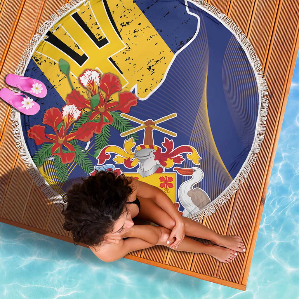 Barbados Coat Of Arms Beach Blanket With Dwarf Poinciana Flowers - Wonder Print Shop
