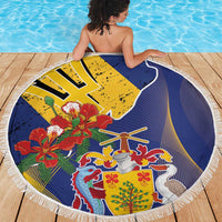 Barbados Coat Of Arms Beach Blanket With Dwarf Poinciana Flowers - Wonder Print Shop