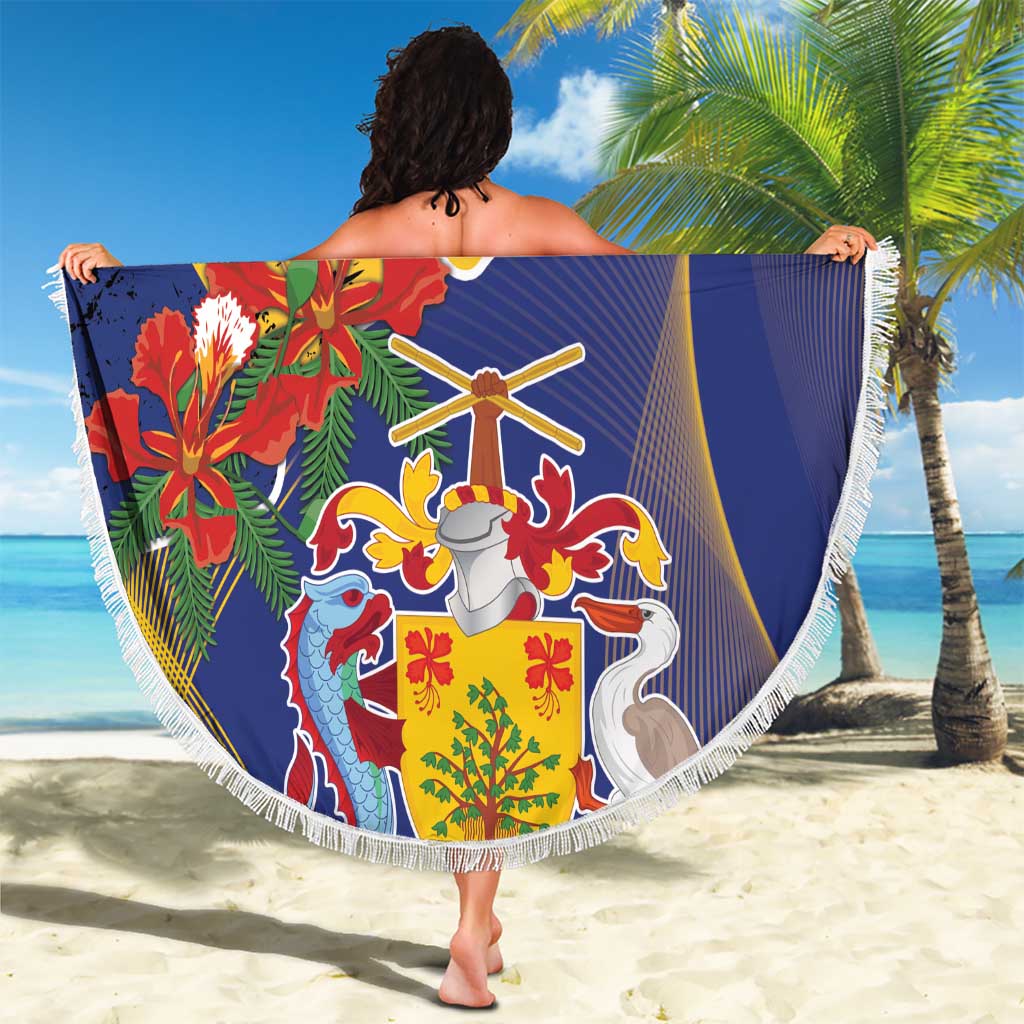 Barbados Coat Of Arms Beach Blanket With Dwarf Poinciana Flowers - Wonder Print Shop