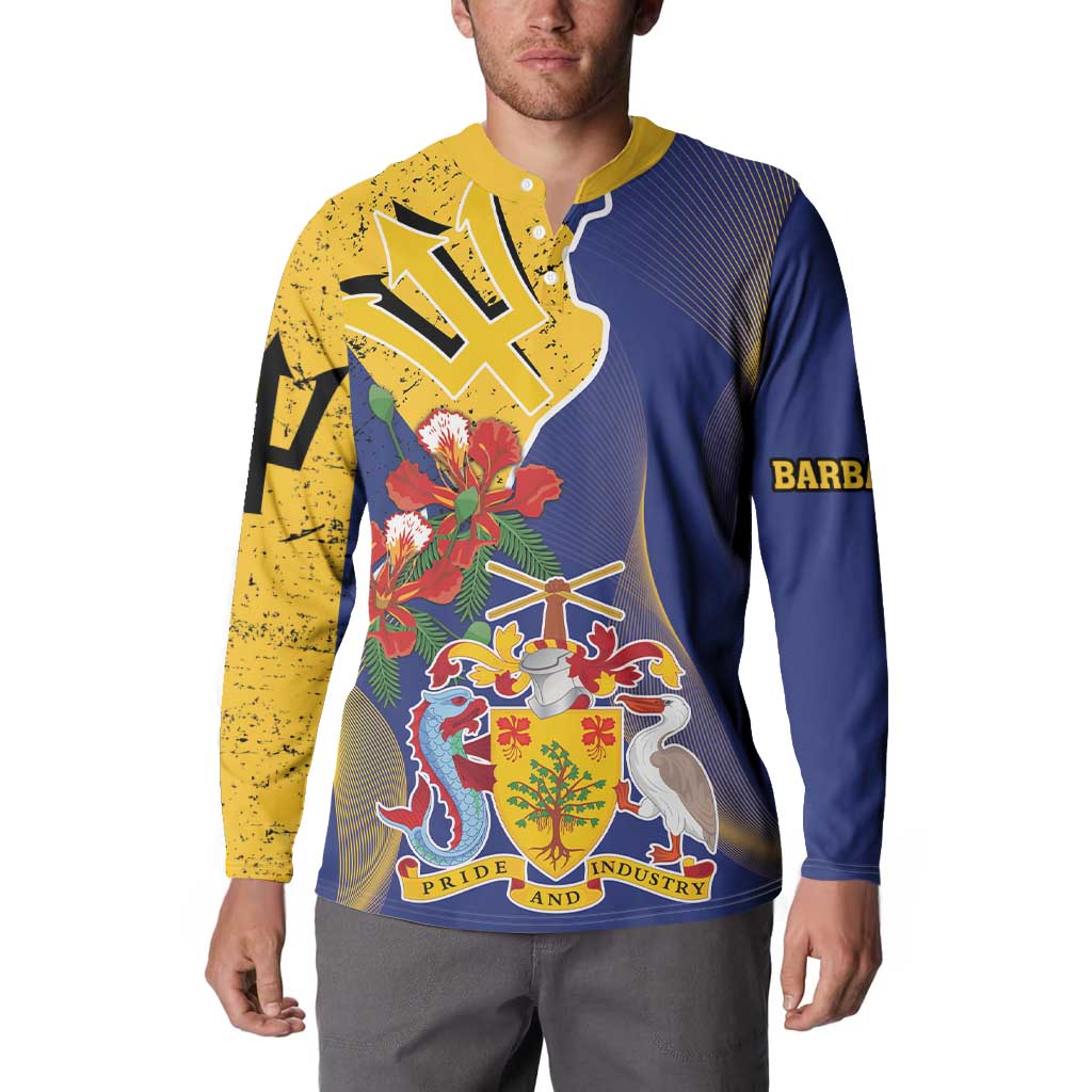 Barbados Coat Of Arms Button Sweatshirt With Dwarf Poinciana Flowers - Wonder Print Shop