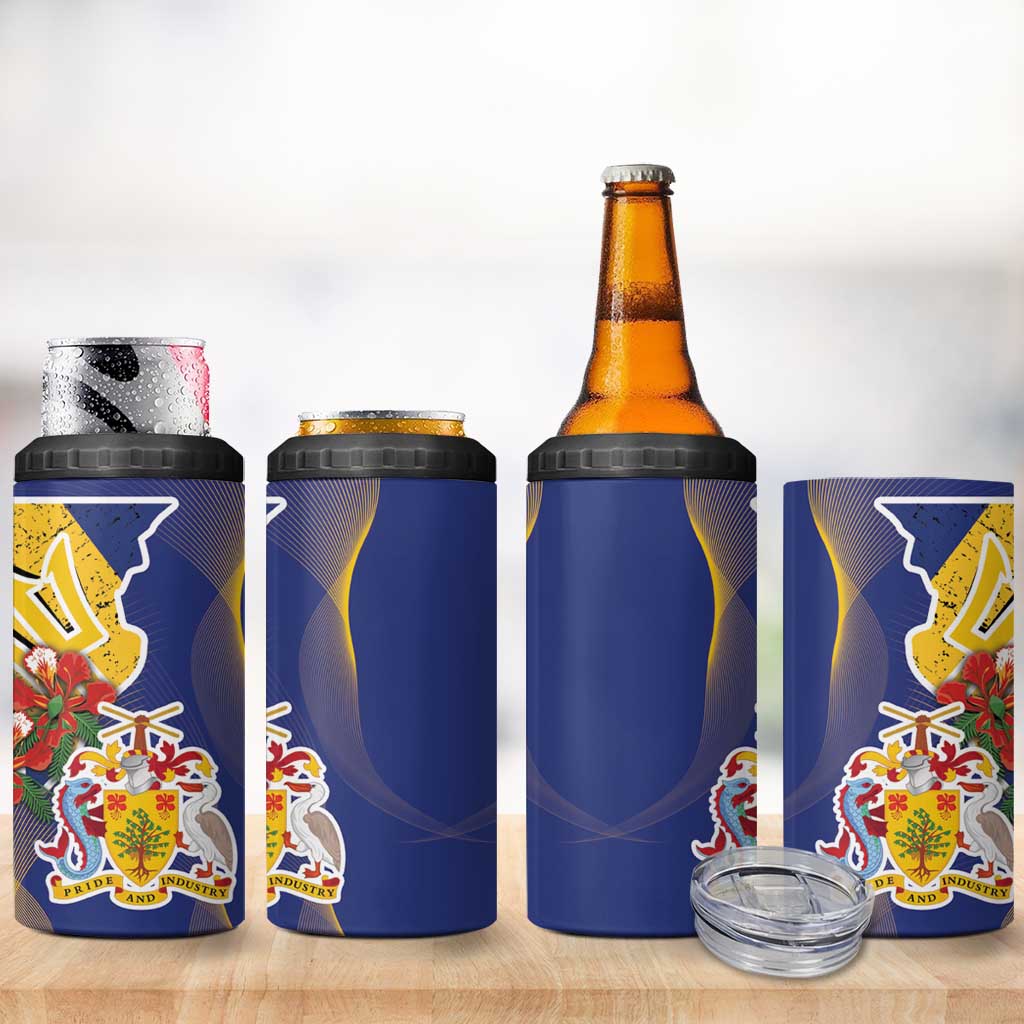 Barbados Coat Of Arms 4 in 1 Can Cooler Tumbler With Dwarf Poinciana Flowers - Wonder Print Shop