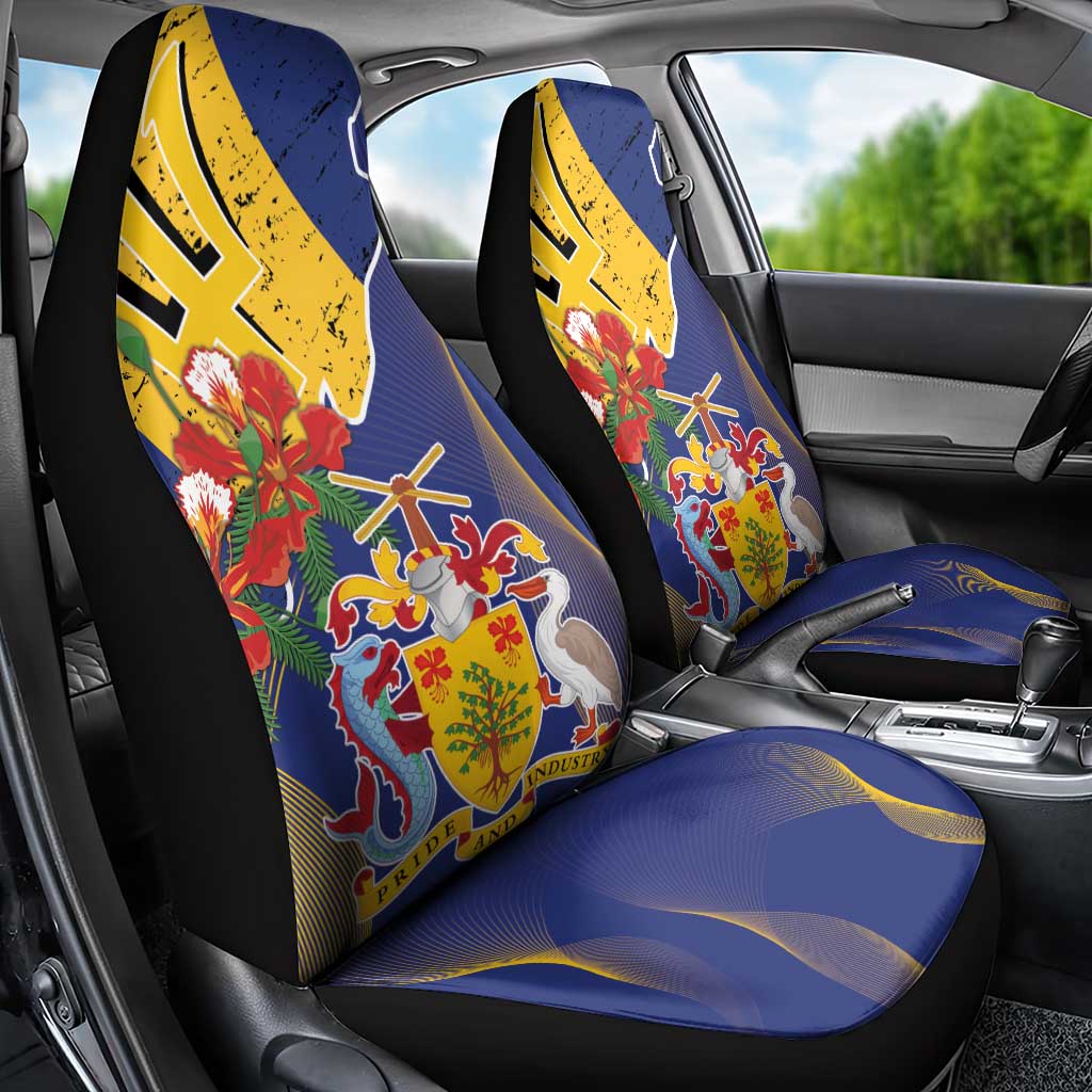 Barbados Coat Of Arms Car Seat Cover With Dwarf Poinciana Flowers - Wonder Print Shop
