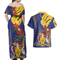 Barbados Coat Of Arms Couples Matching Off Shoulder Maxi Dress and Hawaiian Shirt With Dwarf Poinciana Flowers - Wonder Print Shop