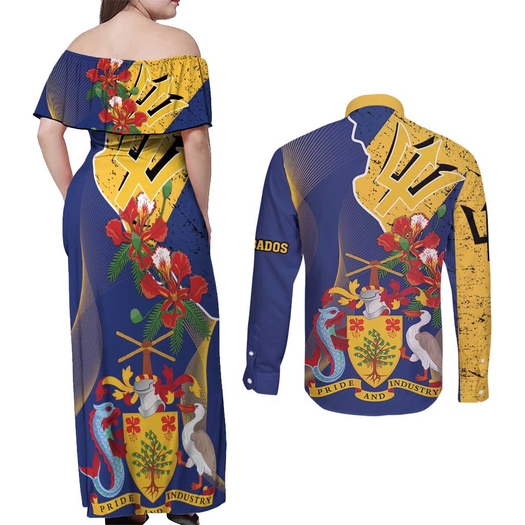 Barbados Coat Of Arms Couples Matching Off Shoulder Maxi Dress and Long Sleeve Button Shirt With Dwarf Poinciana Flowers - Wonder Print Shop