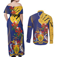 Barbados Coat Of Arms Couples Matching Off Shoulder Maxi Dress and Long Sleeve Button Shirt With Dwarf Poinciana Flowers - Wonder Print Shop