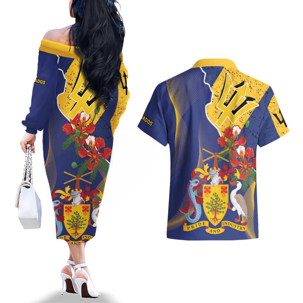 Barbados Coat Of Arms Couples Matching Off The Shoulder Long Sleeve Dress and Hawaiian Shirt With Dwarf Poinciana Flowers - Wonder Print Shop