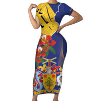 Barbados Coat Of Arms Family Matching Short Sleeve Bodycon Dress and Hawaiian Shirt With Dwarf Poinciana Flowers - Wonder Print Shop