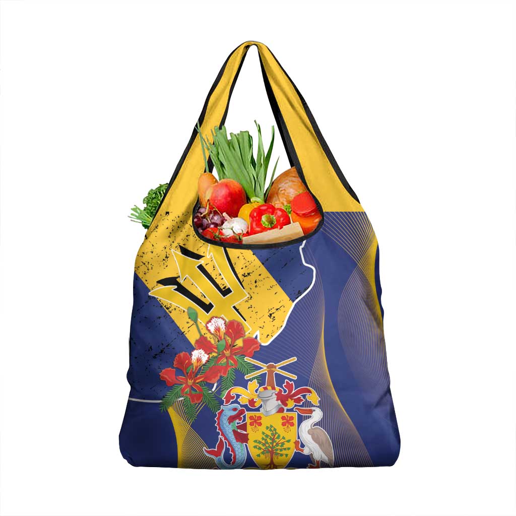 Barbados Coat Of Arms Grocery Bag With Dwarf Poinciana Flowers