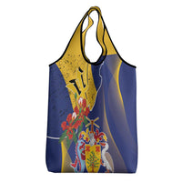 Barbados Coat Of Arms Grocery Bag With Dwarf Poinciana Flowers