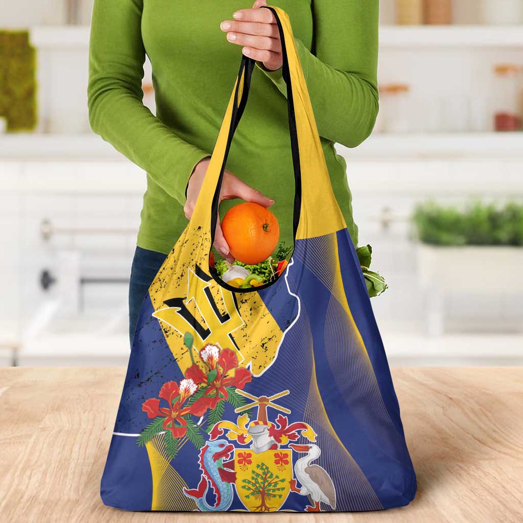 Barbados Coat Of Arms Grocery Bag With Dwarf Poinciana Flowers