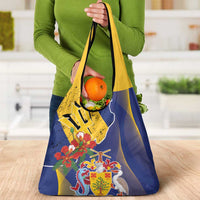 Barbados Coat Of Arms Grocery Bag With Dwarf Poinciana Flowers