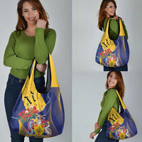 Barbados Coat Of Arms Grocery Bag With Dwarf Poinciana Flowers