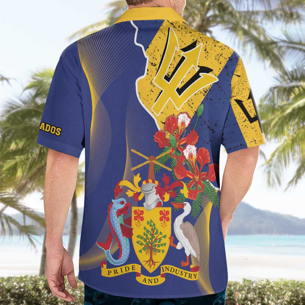 Barbados Coat Of Arms Hawaiian Shirt With Dwarf Poinciana Flowers - Wonder Print Shop