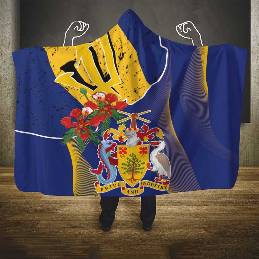 Barbados Coat Of Arms Hooded Blanket With Dwarf Poinciana Flowers
