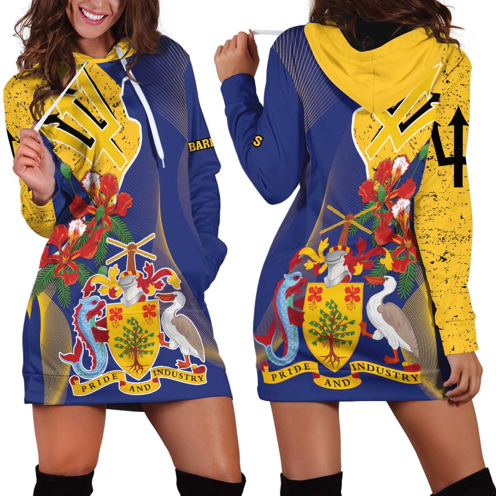 Barbados Coat Of Arms Hoodie Dress With Dwarf Poinciana Flowers - Wonder Print Shop