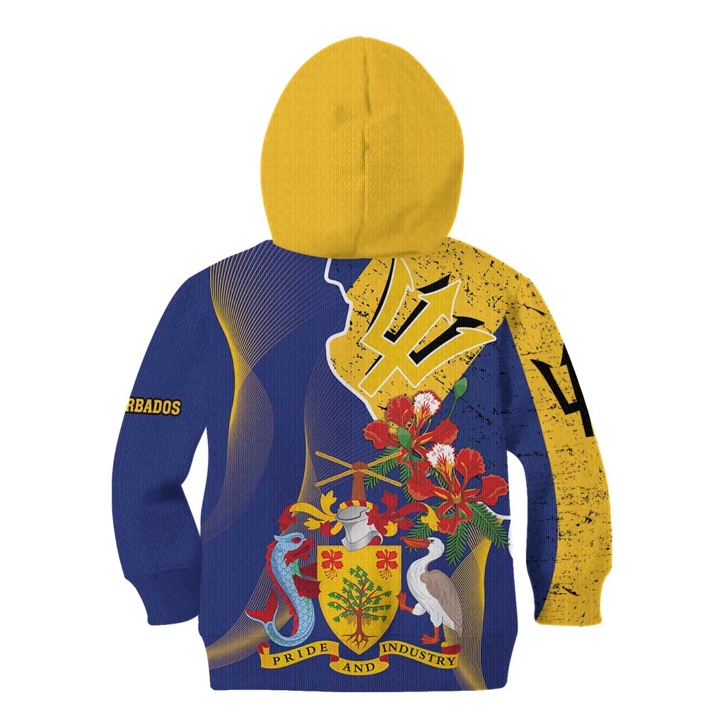 Barbados Coat Of Arms Kid Hoodie With Dwarf Poinciana Flowers - Wonder Print Shop