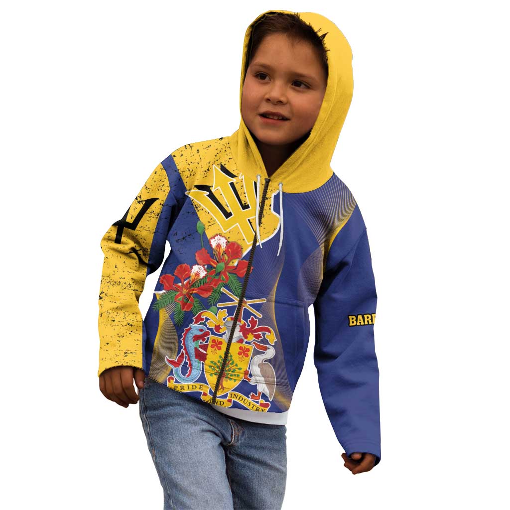 Barbados Coat Of Arms Kid Hoodie With Dwarf Poinciana Flowers - Wonder Print Shop
