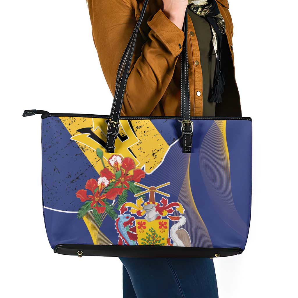 Barbados Coat Of Arms Leather Tote Bag With Dwarf Poinciana Flowers - Wonder Print Shop