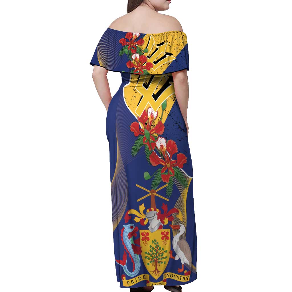 Barbados Coat Of Arms Off Shoulder Maxi Dress With Dwarf Poinciana Flowers - Wonder Print Shop