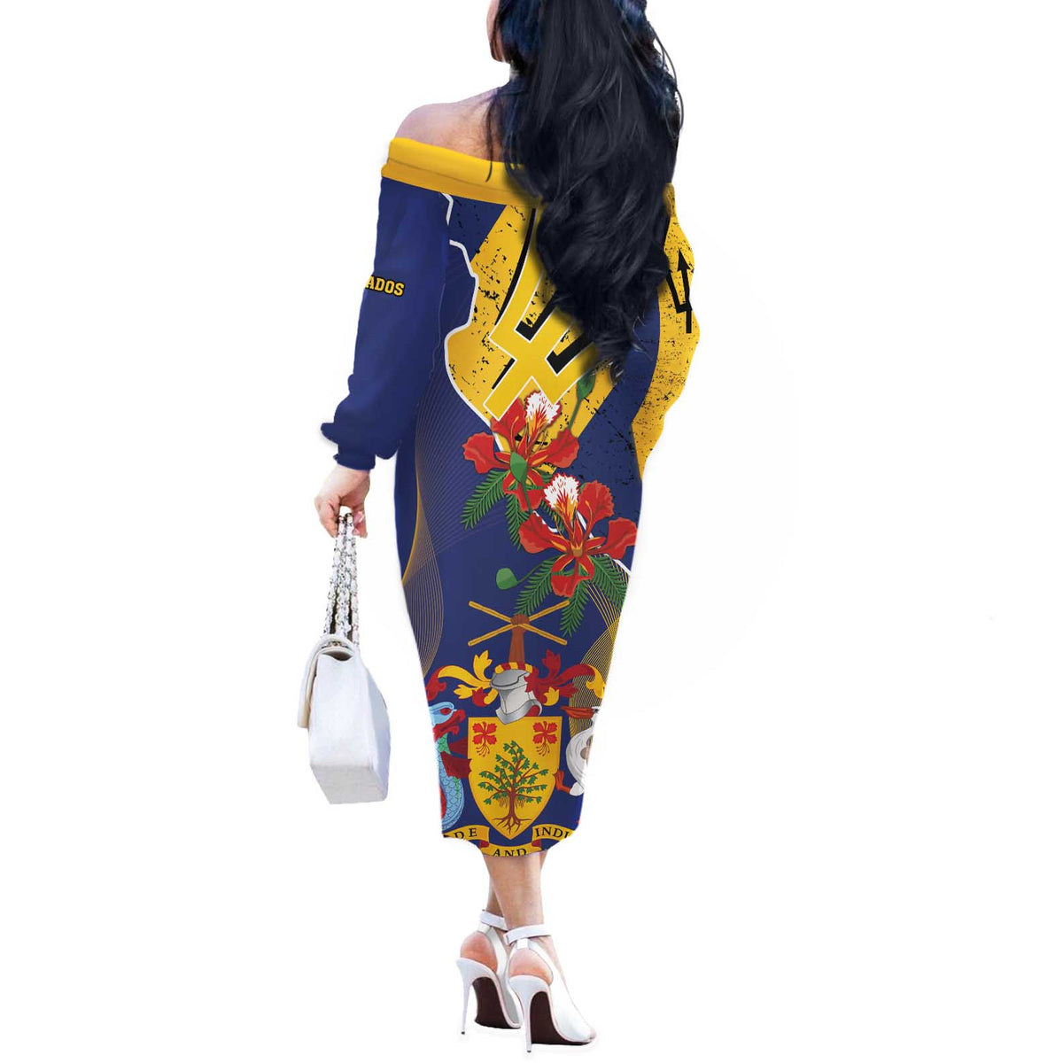 Barbados Coat Of Arms Off The Shoulder Long Sleeve Dress With Dwarf Poinciana Flowers - Wonder Print Shop