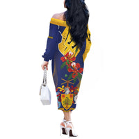 Barbados Coat Of Arms Off The Shoulder Long Sleeve Dress With Dwarf Poinciana Flowers - Wonder Print Shop