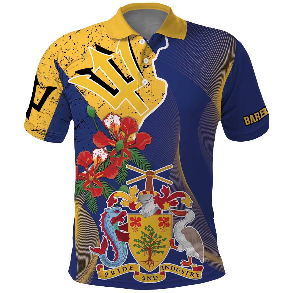 Barbados Coat Of Arms Polo Shirt With Dwarf Poinciana Flowers - Wonder Print Shop