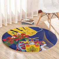 Barbados Coat Of Arms Round Carpet With Dwarf Poinciana Flowers