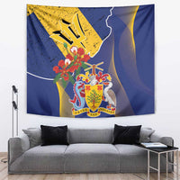 Barbados Coat Of Arms Tapestry With Dwarf Poinciana Flowers - Wonder Print Shop