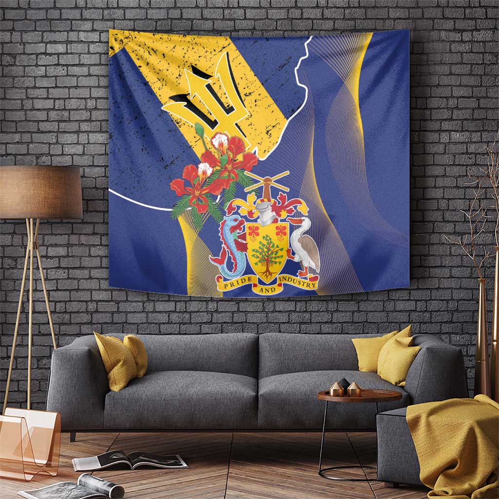 Barbados Coat Of Arms Tapestry With Dwarf Poinciana Flowers - Wonder Print Shop