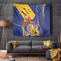 Barbados Coat Of Arms Tapestry With Dwarf Poinciana Flowers - Wonder Print Shop