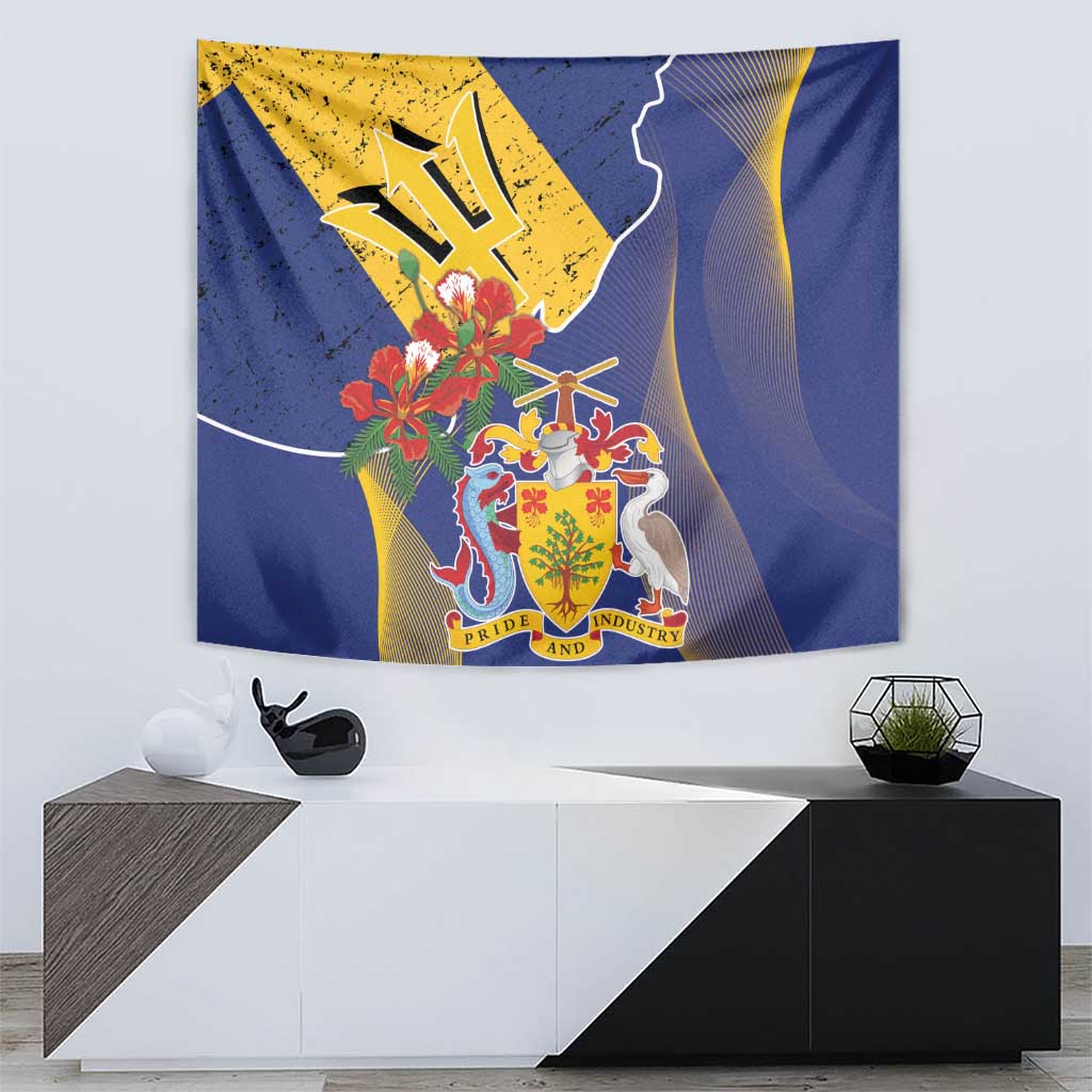 Barbados Coat Of Arms Tapestry With Dwarf Poinciana Flowers - Wonder Print Shop