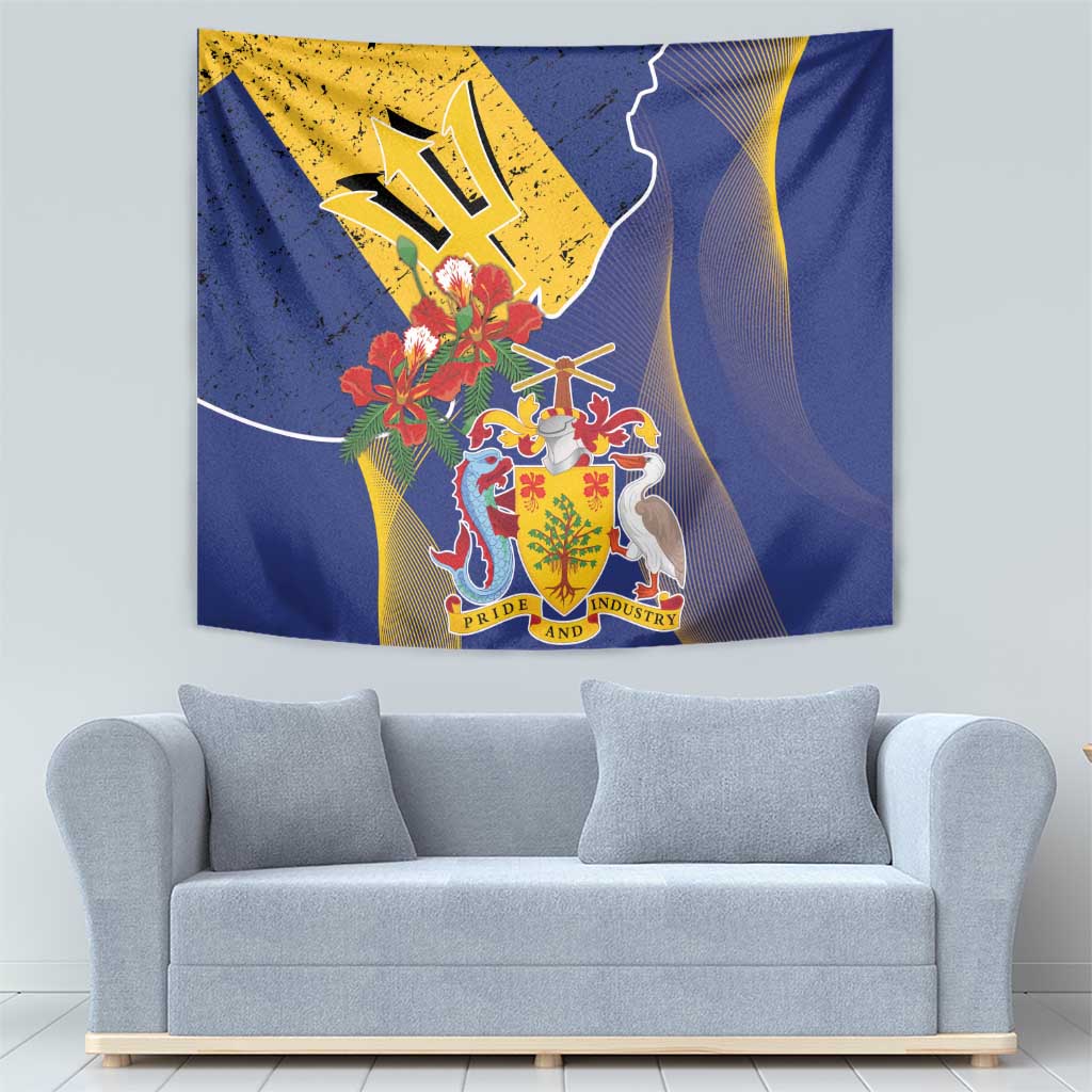 Barbados Coat Of Arms Tapestry With Dwarf Poinciana Flowers - Wonder Print Shop