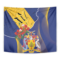 Barbados Coat Of Arms Tapestry With Dwarf Poinciana Flowers - Wonder Print Shop