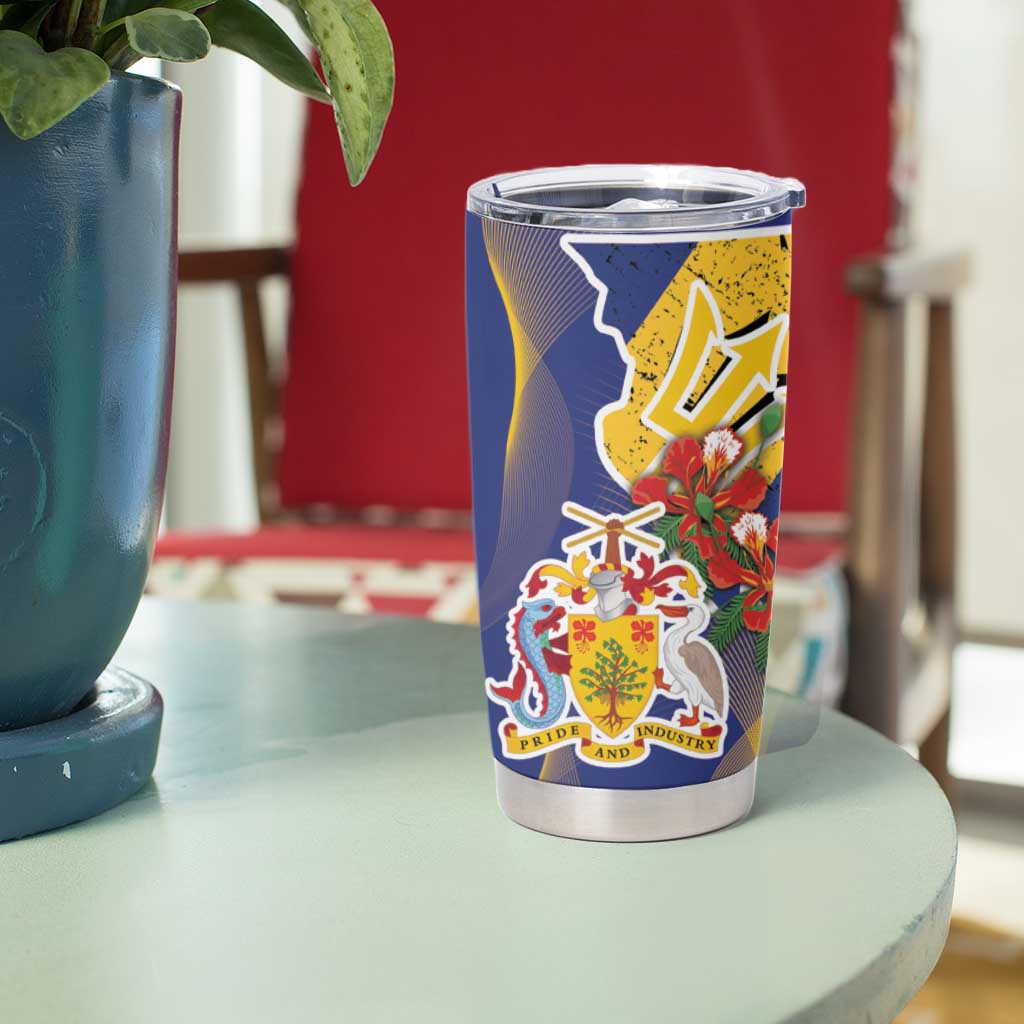 Barbados Coat Of Arms Tumbler Cup With Dwarf Poinciana Flowers - Wonder Print Shop