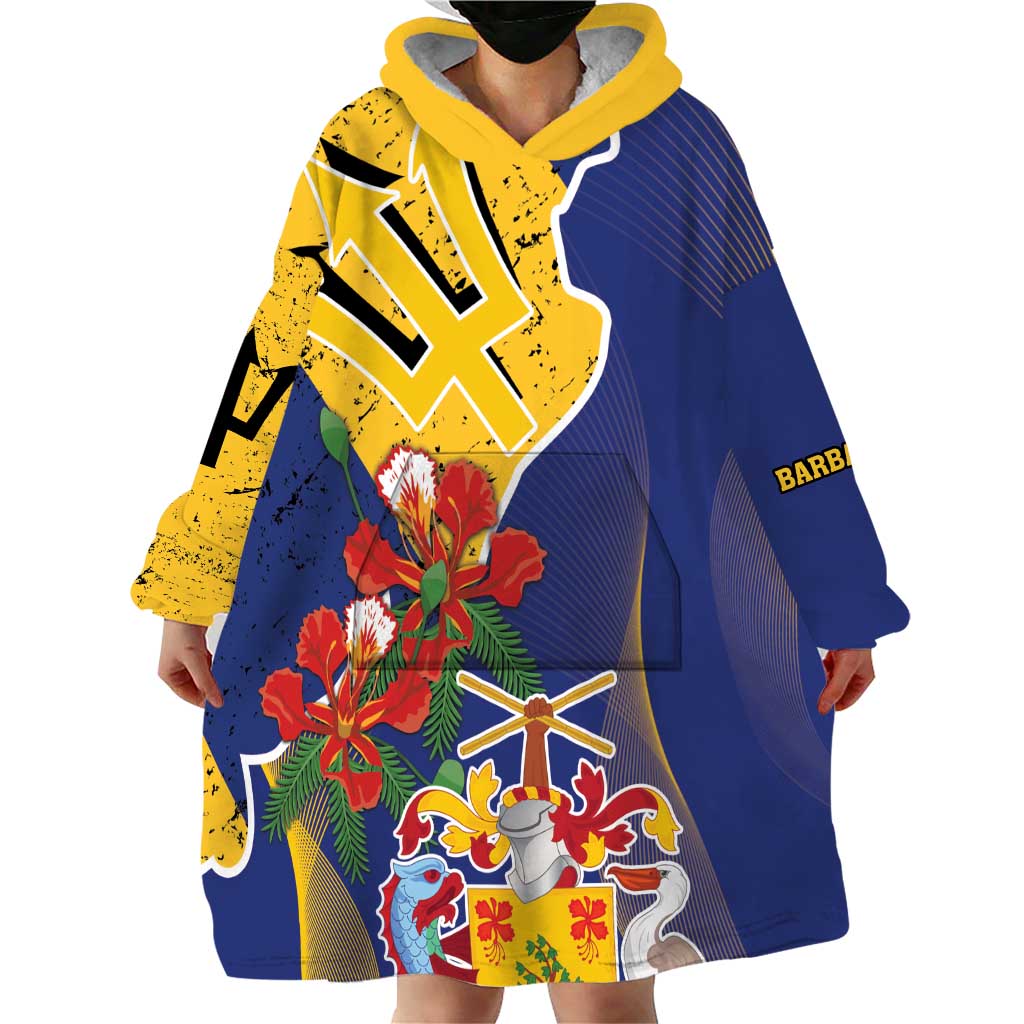 Barbados Coat Of Arms Wearable Blanket Hoodie With Dwarf Poinciana Flowers - Wonder Print Shop