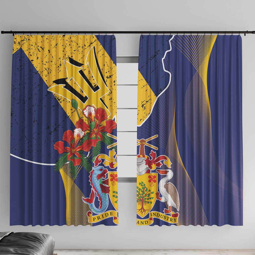 Barbados Coat Of Arms Window Curtain With Dwarf Poinciana Flowers - Wonder Print Shop