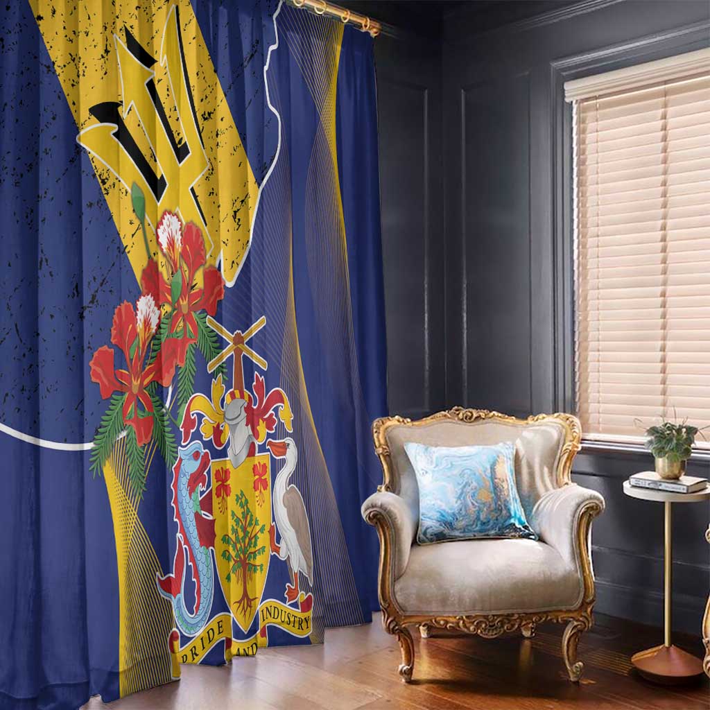 Barbados Coat Of Arms Window Curtain With Dwarf Poinciana Flowers - Wonder Print Shop