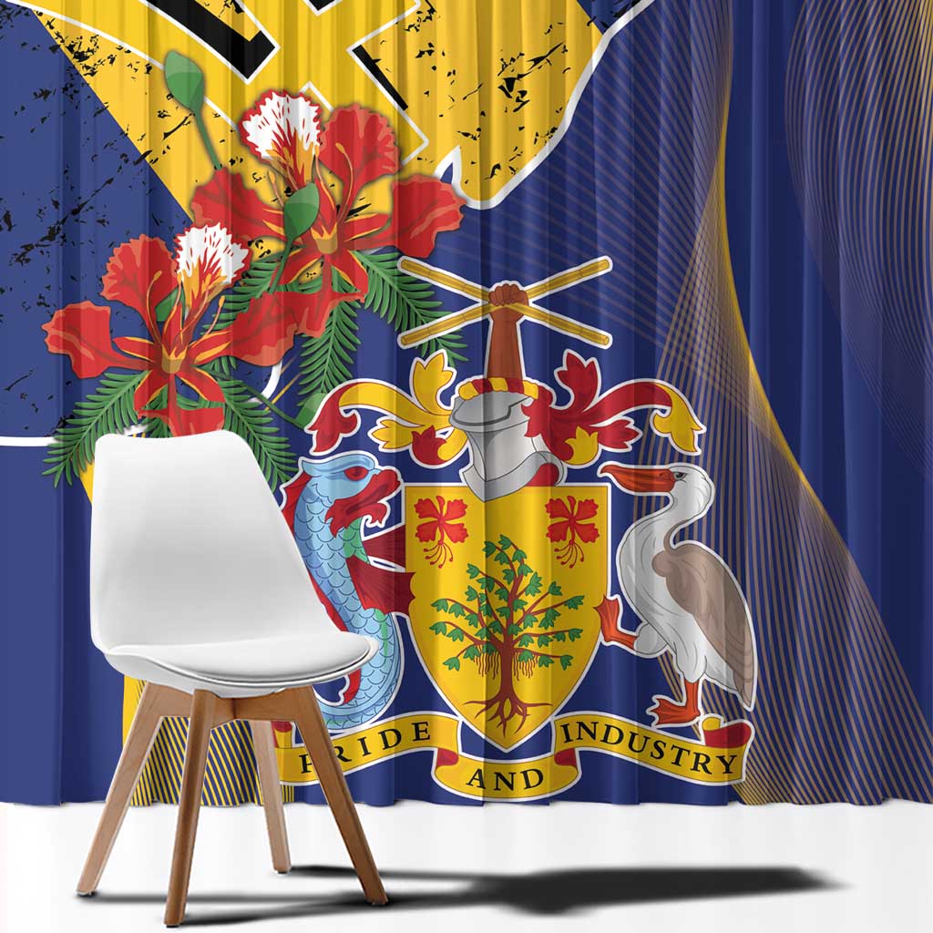 Barbados Coat Of Arms Window Curtain With Dwarf Poinciana Flowers - Wonder Print Shop