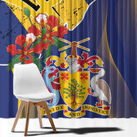 Barbados Coat Of Arms Window Curtain With Dwarf Poinciana Flowers - Wonder Print Shop