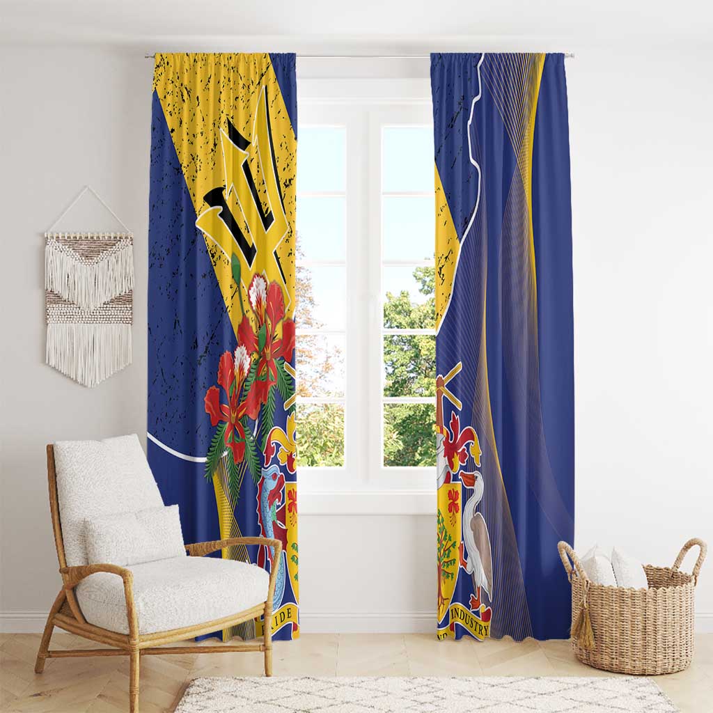 Barbados Coat Of Arms Window Curtain With Dwarf Poinciana Flowers - Wonder Print Shop