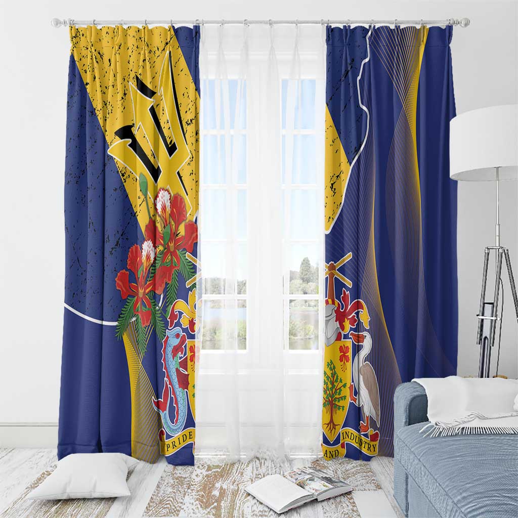 Barbados Coat Of Arms Window Curtain With Dwarf Poinciana Flowers - Wonder Print Shop