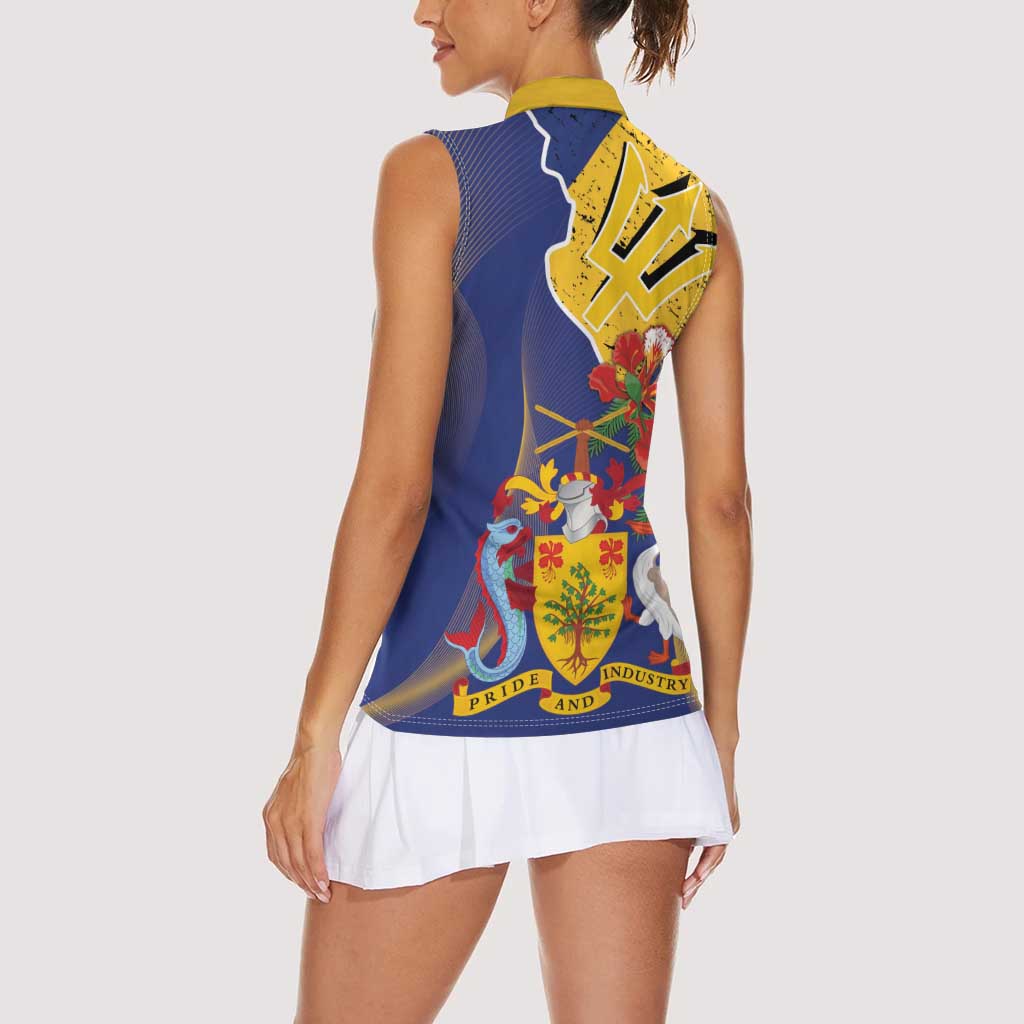 Barbados Coat Of Arms Women Sleeveless Polo Shirt With Dwarf Poinciana Flowers - Wonder Print Shop