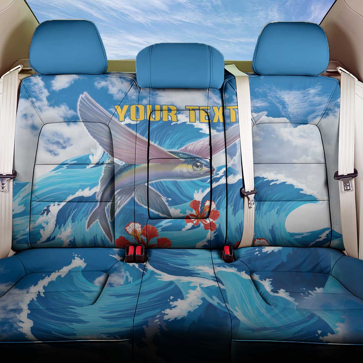 Personalized Barbados Fish Flying Back Car Seat Cover With Stormy Sea Wave - Wonder Print Shop