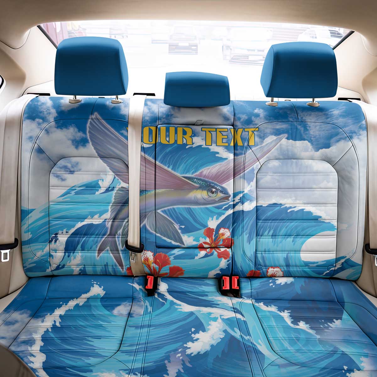 Personalized Barbados Fish Flying Back Car Seat Cover With Stormy Sea Wave - Wonder Print Shop