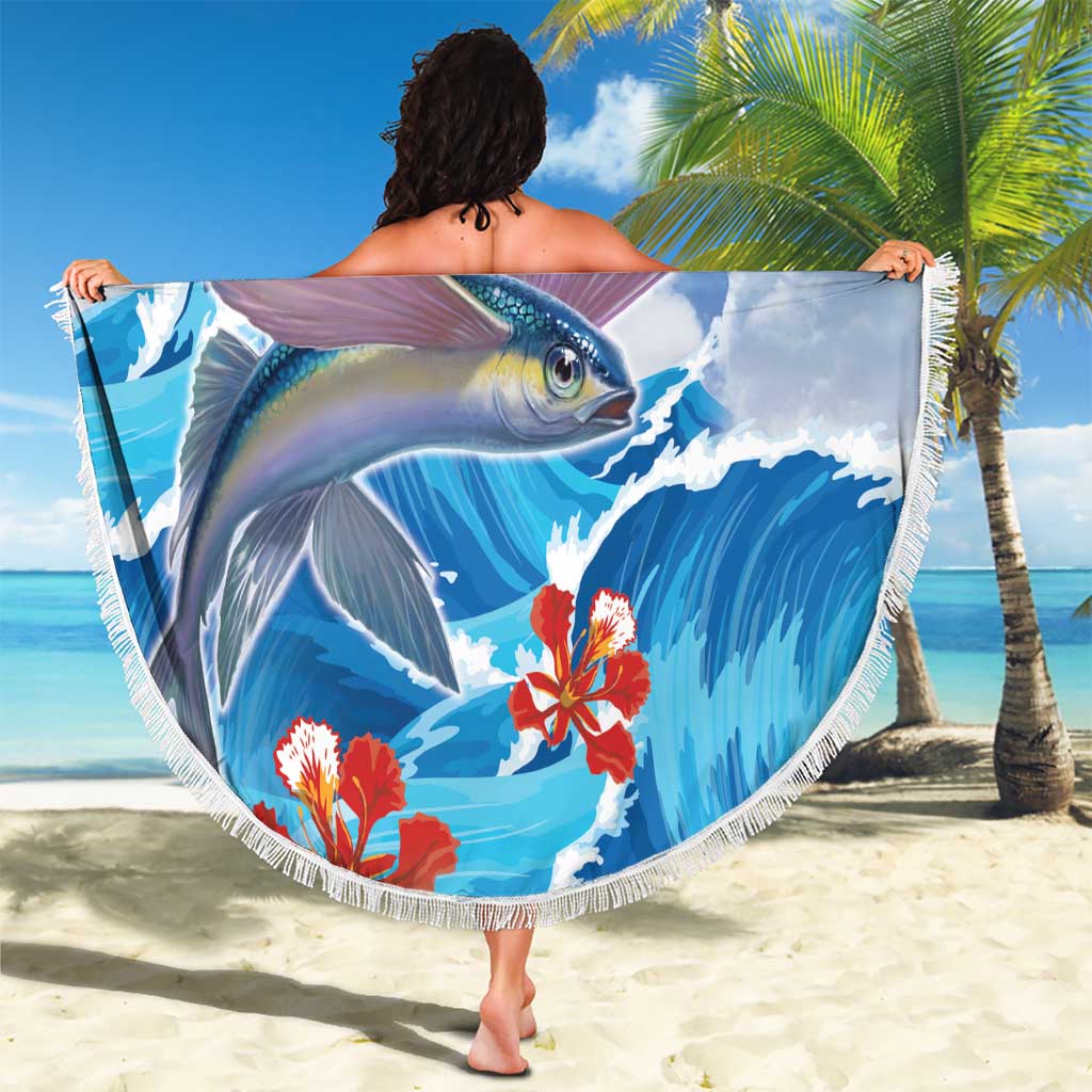 Personalized Barbados Fish Flying Beach Blanket With Stormy Sea Wave - Wonder Print Shop